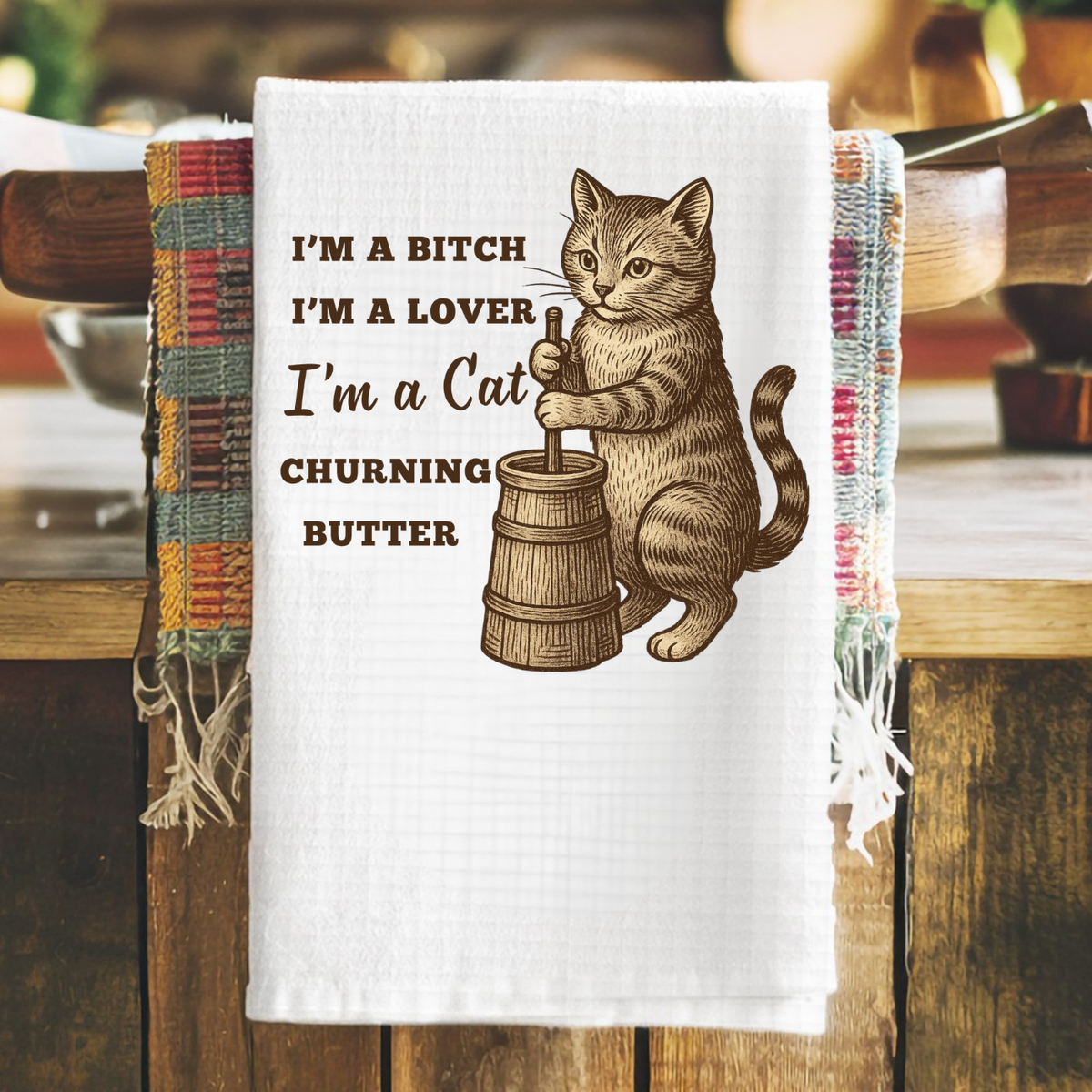 Cat Churning Butter Funny Customized Waffle Weave Tea Towel