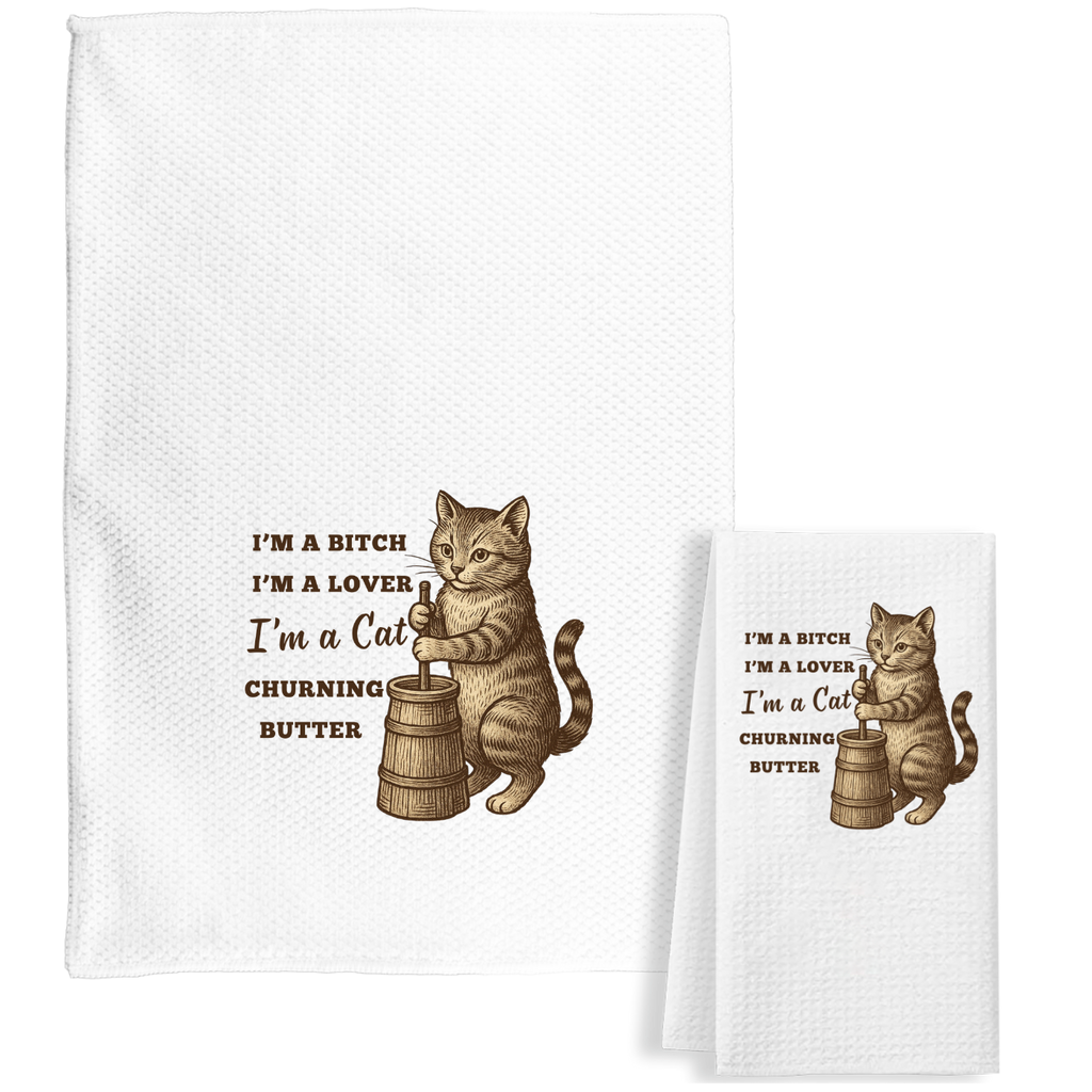 Cat Churning Butter Funny Customized Waffle Weave Tea Towel