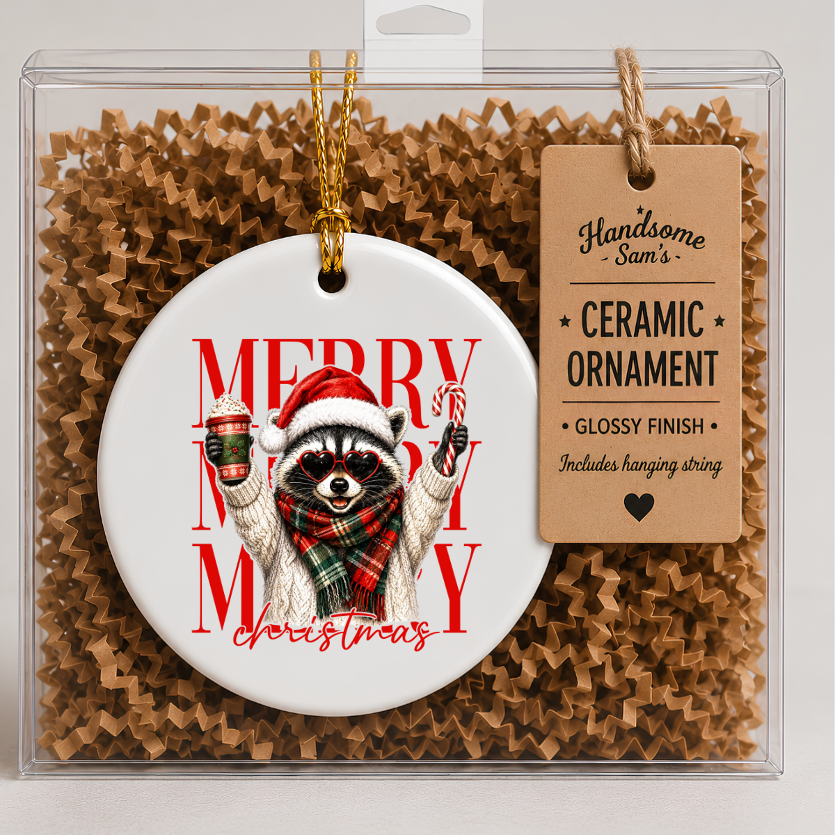 Funny Christmas Ceramic Ornament | Merry Christmas Racoon