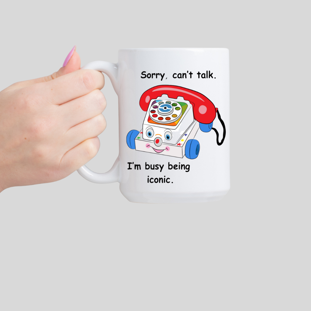 Retro Toy Phone Ceramic Mug with Saying, ..busy being iconic