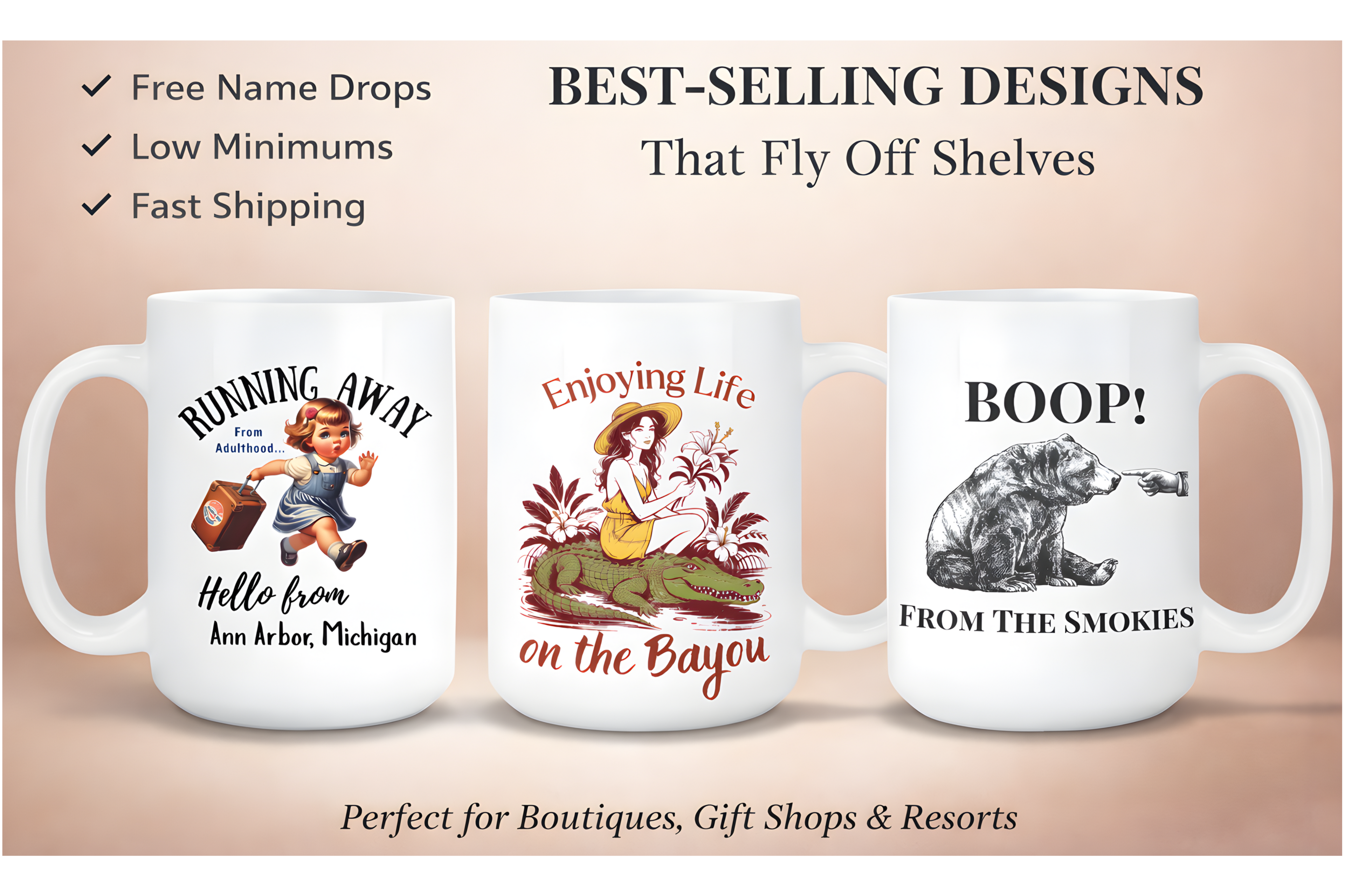 Three mugs with humorous designs and text on a beige background