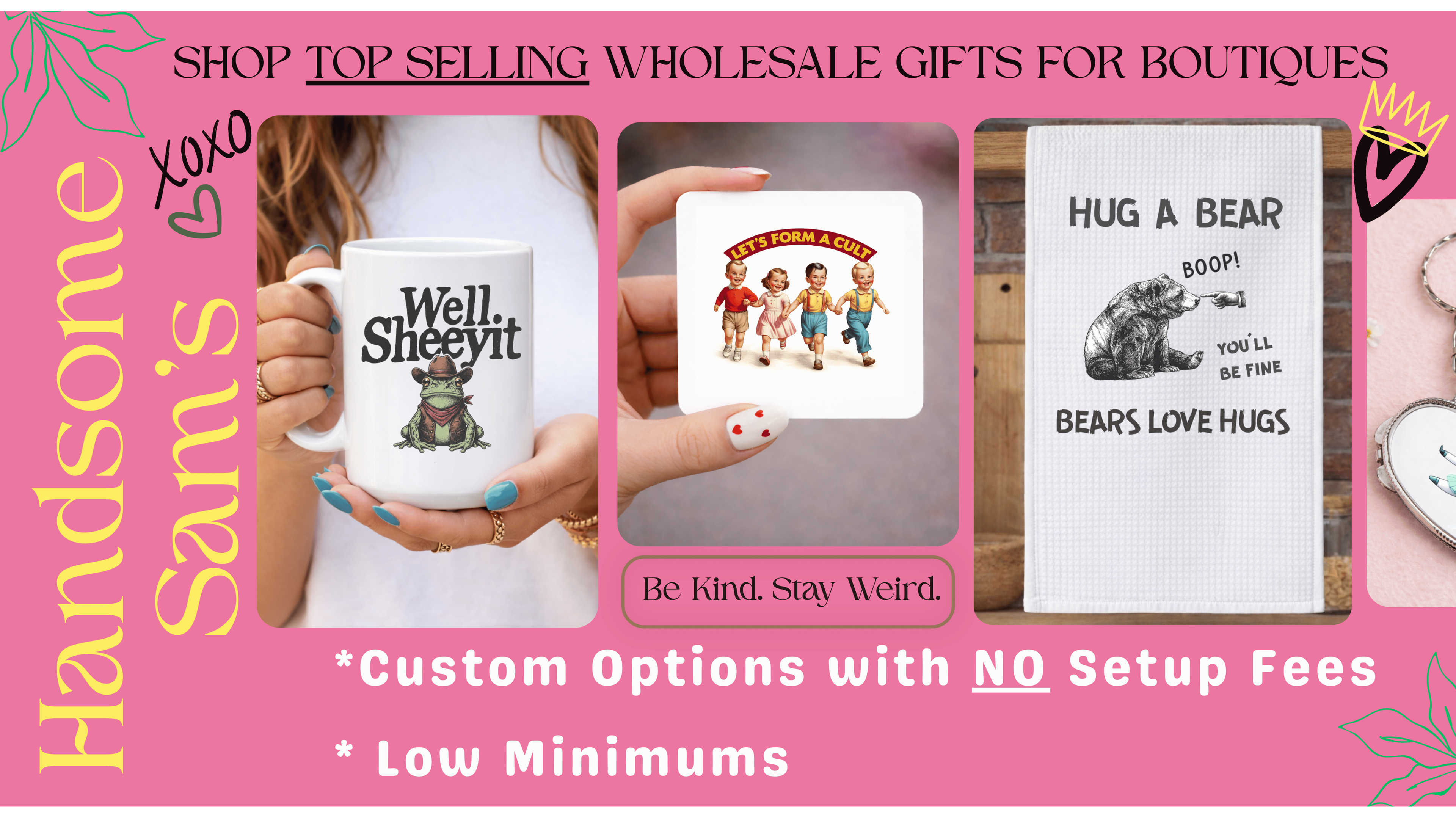 Promotional image of wholesale gifts with a mug, card, and sign on a pink background.