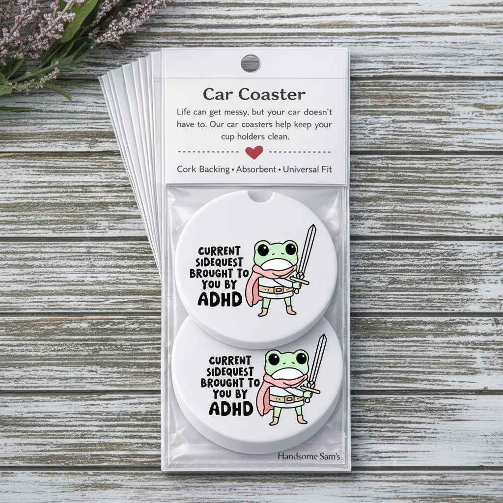 Side Quest Frog, Ceramic Car Coasters Pack of 2