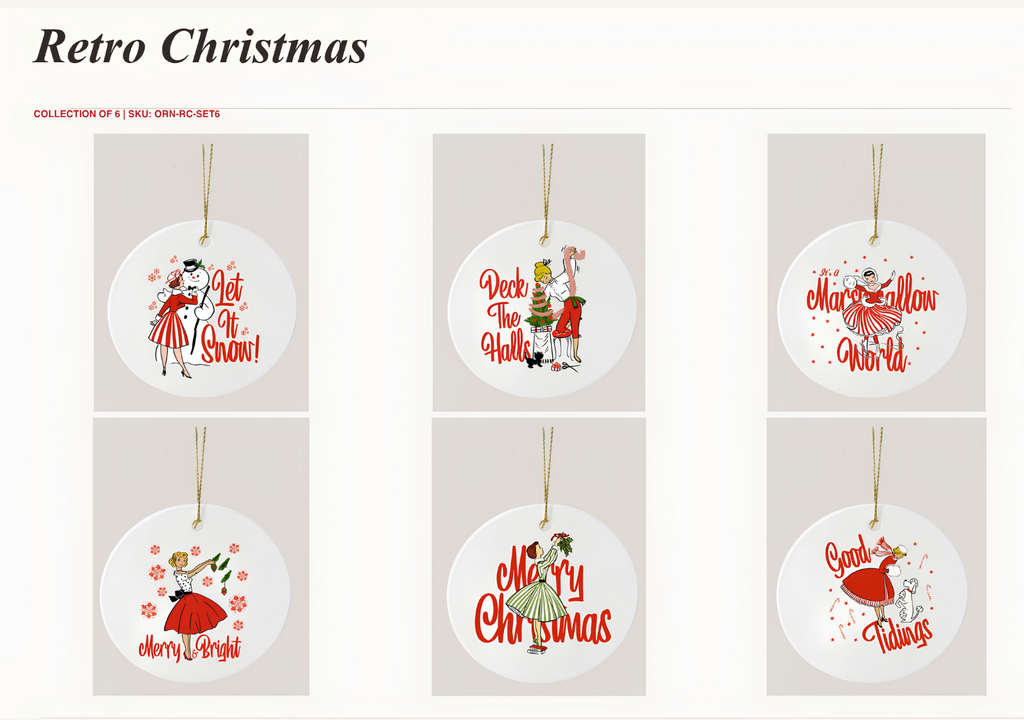 Retro Christmas Ceramic Ornament Collection of 6 | Unpacked Open Stock
