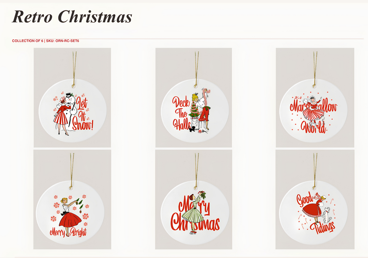 Retro Christmas Ceramic Ornament Collection of 6 | Unpacked Open Stock