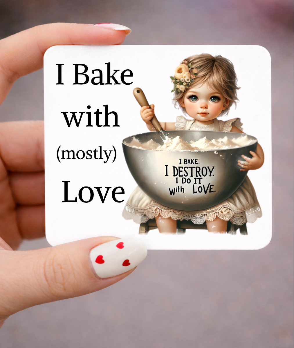 I Bake with Love, 3 x 3 Metal Magnet by Handsome Sam