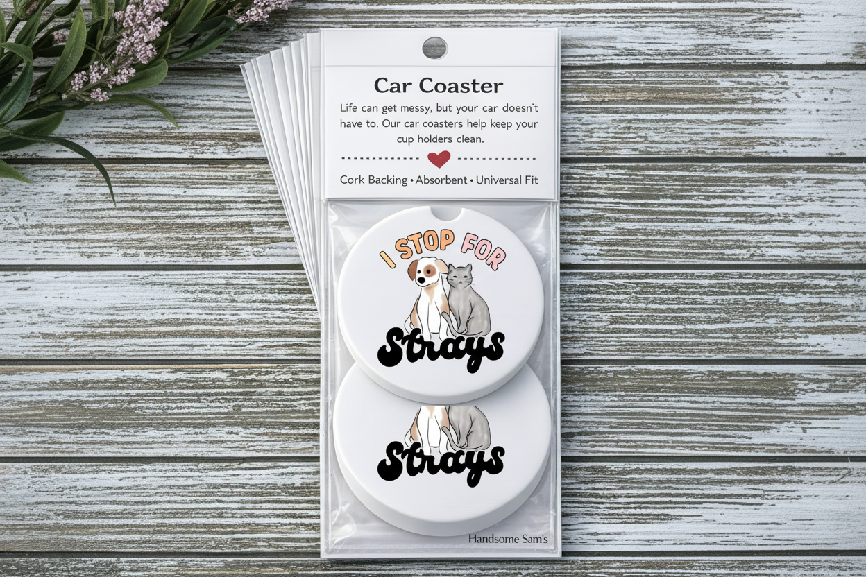 Car coaster set with dog and cat illustration in packaging on a wooden surface
