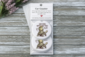 Car coaster set with cartoon turtles and humorous text in packaging on a wooden surface