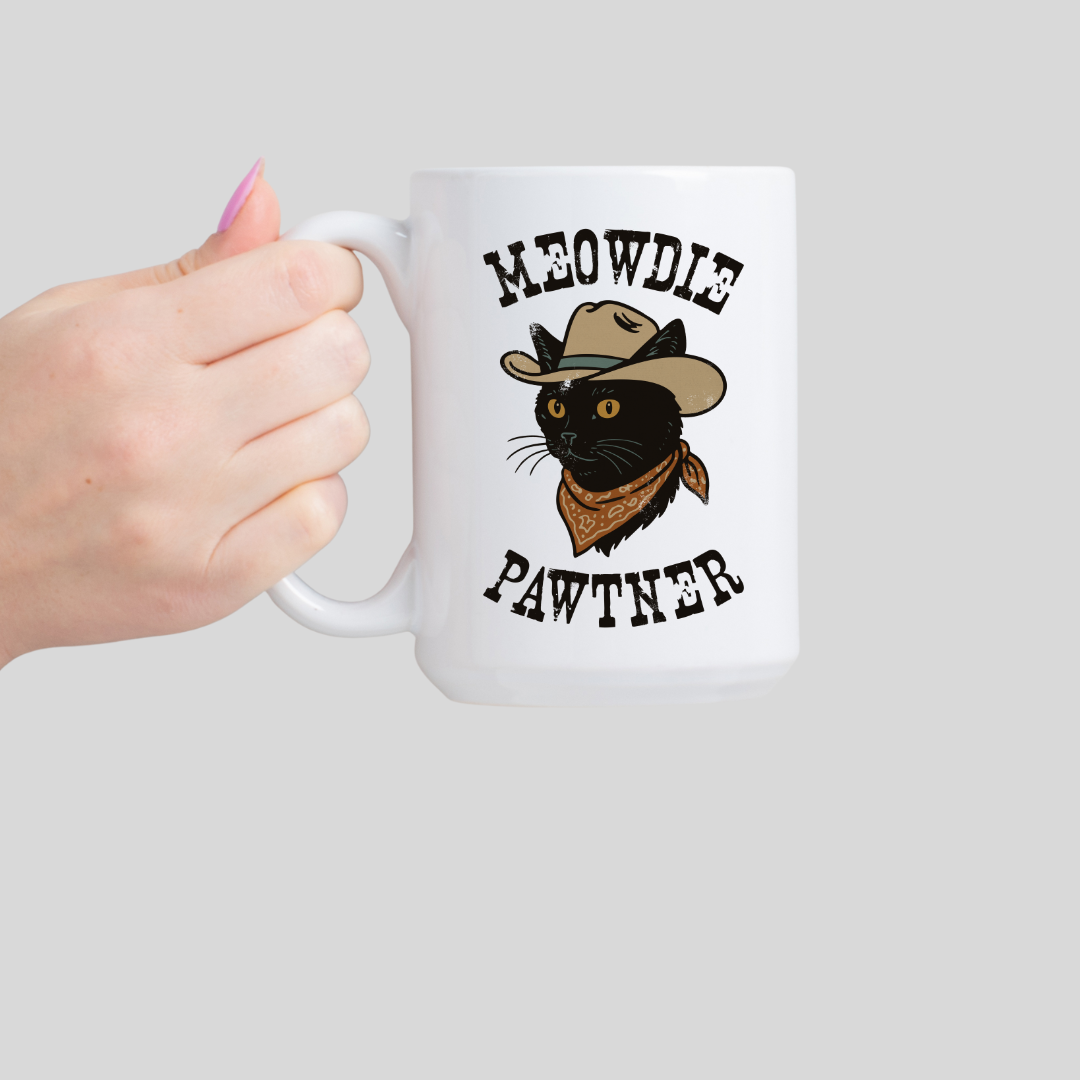 Meowdy Pawtner, Western Cat Coffee Mug - Dishwasher Safe