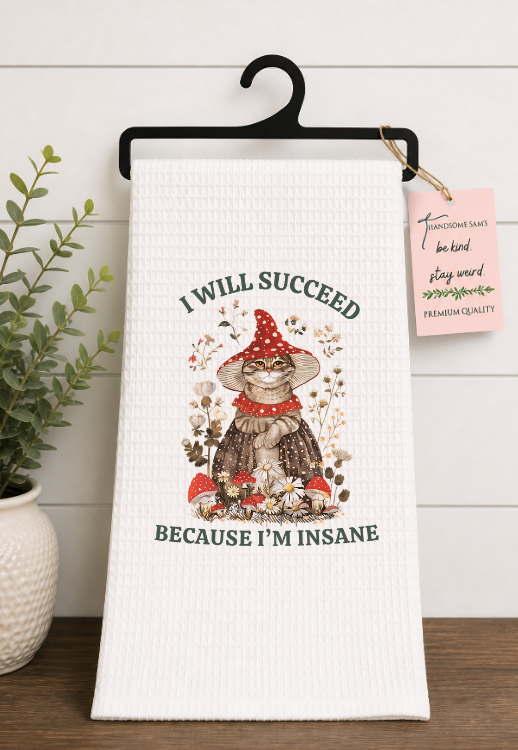 Cottage Cat Tea Towel Waffle weave 16x24, I am Insane