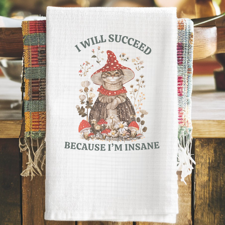 Cottage Cat Tea Towel Waffle weave 16x24, I am Insane