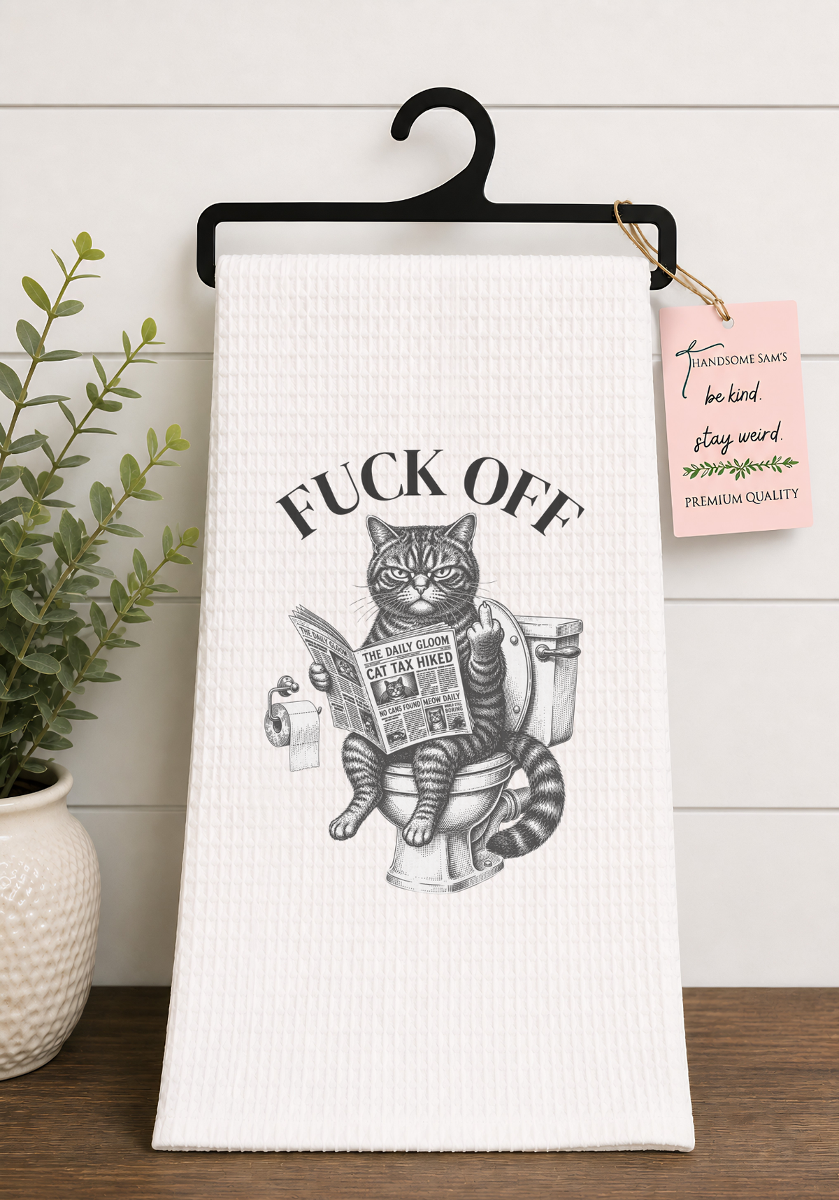 Funny Grumpy Cat, F Off... Waffle Weave Tea Towel