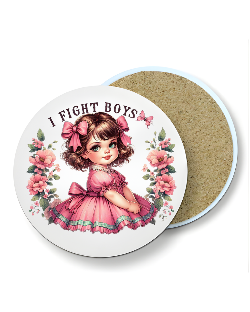 Ceramic Coaster Glossy 4x4 with Cute Girl, I Fight Boys