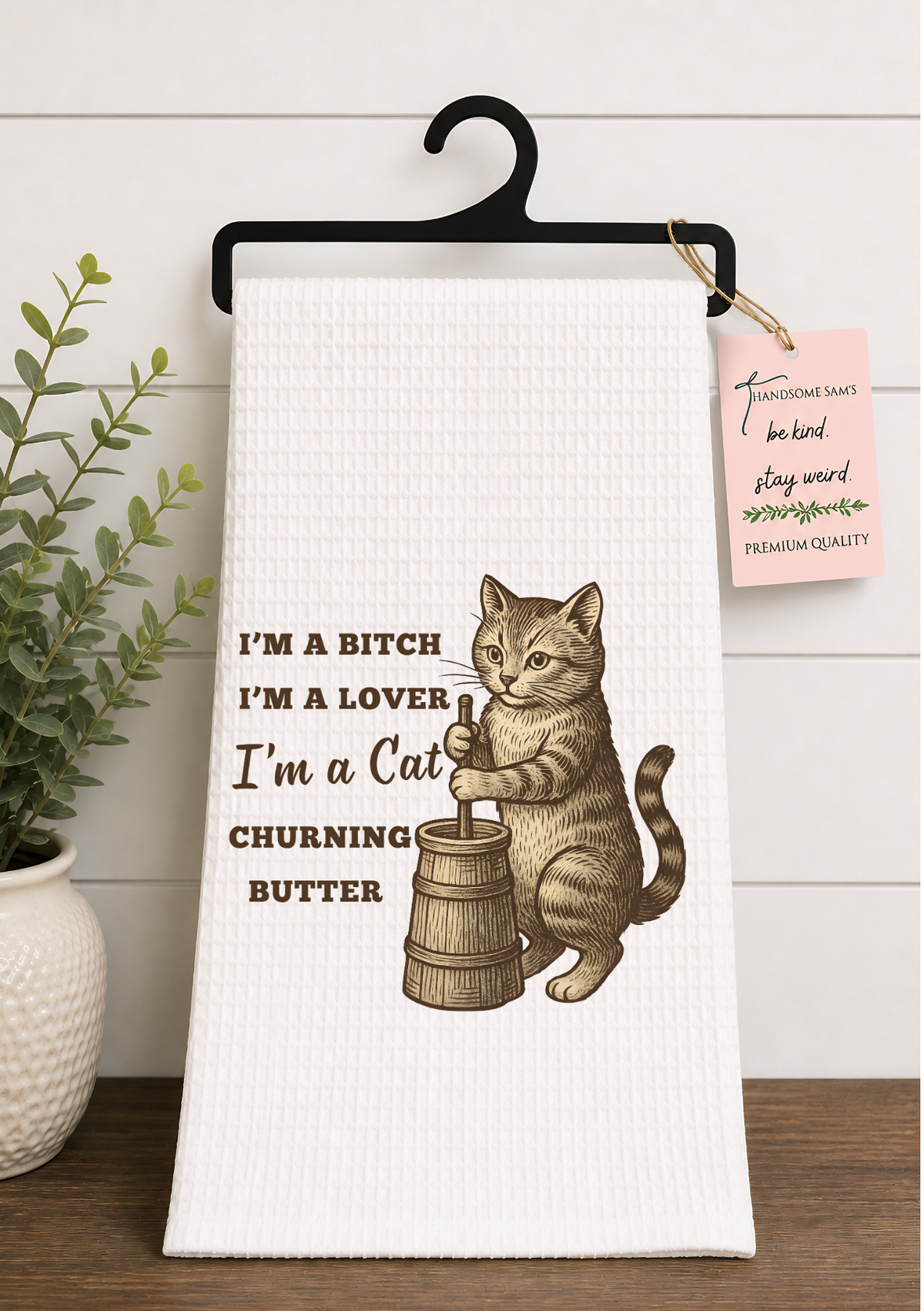 Cat Churning Butter Funny Customized Waffle Weave Tea Towel