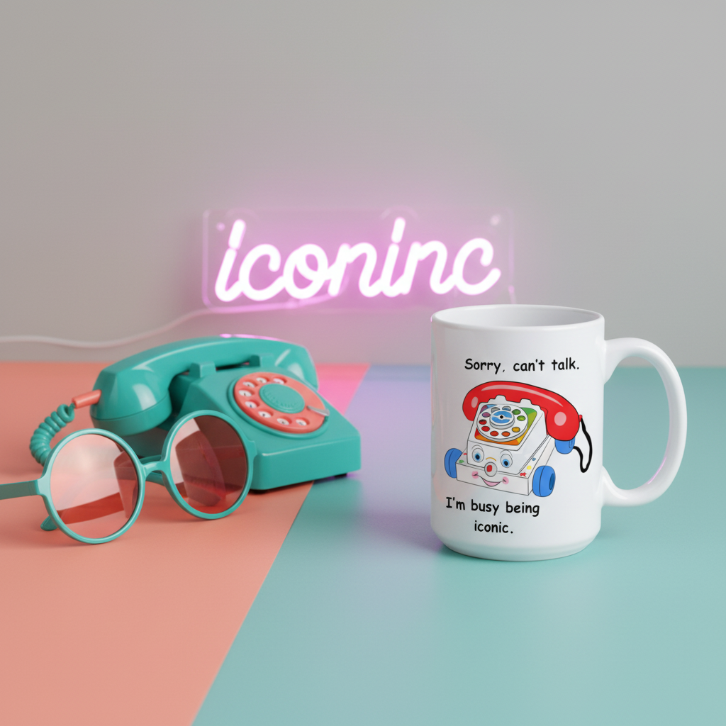 Retro Toy Phone Ceramic Mug with Saying, ..busy being iconic