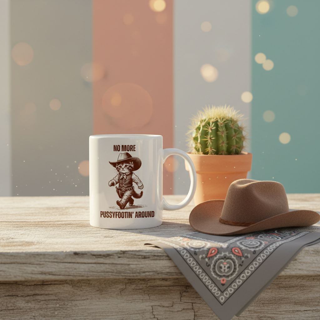 Western Style Cat Mug lifestyle shot - rustic western setting with cowboy hat and cactus