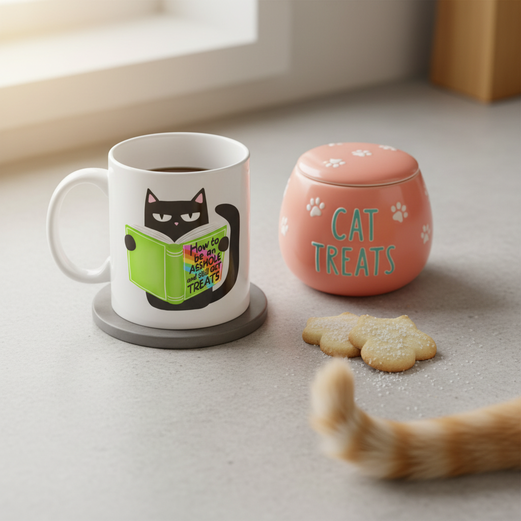 Salty Cat Coffee Mug, How to get treats - Dishwasher Safe