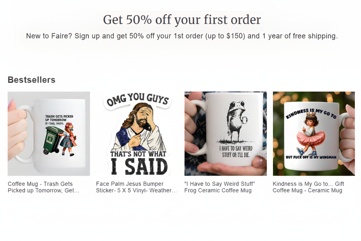 Promotional banner for a discount offer with mug images and text.
