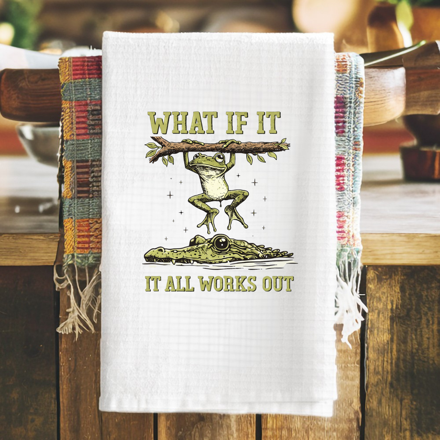 What if it All Works Out Frog, Waffle Weave Microfiber Tea Towel by Handsome Sam