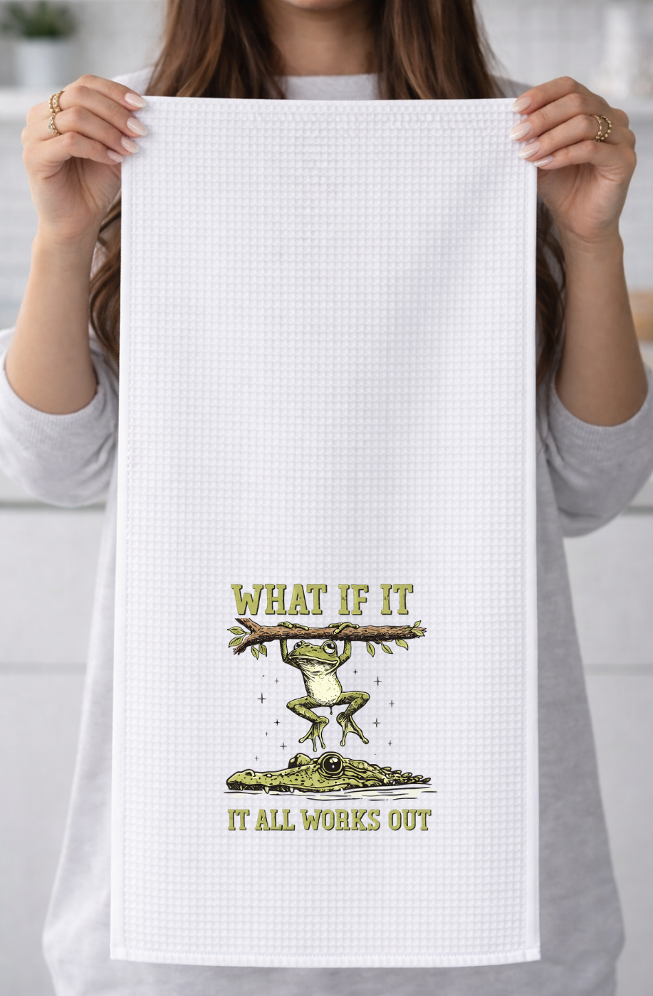 What if it All Works Out Frog, Waffle Weave Microfiber Tea Towel